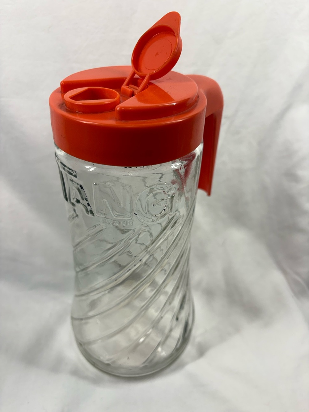 Vintage Tang Glass Juice Pitcher Orange Lid Handle Retro Swirl Carafe